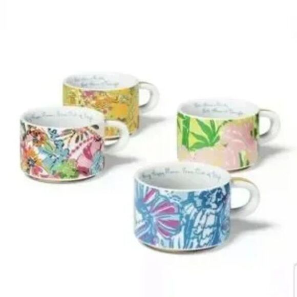 Lilly Pulitzer X Target Four Colorful Stacking Espresso Coffee Cups W/ Caddy NWT - Picture 2 of 16